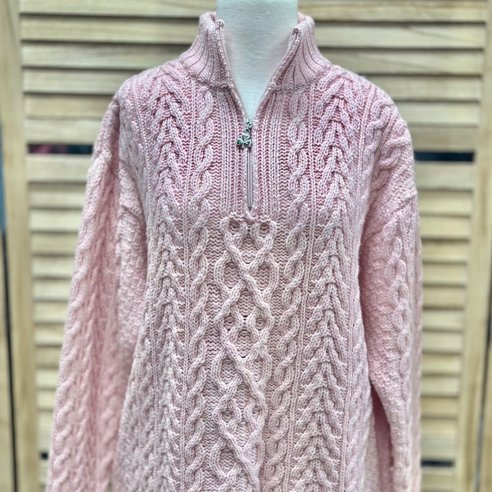 Arancrafts Ireland Baby Pink Cable Knit 1/4-Zip Sweater Size XXL
